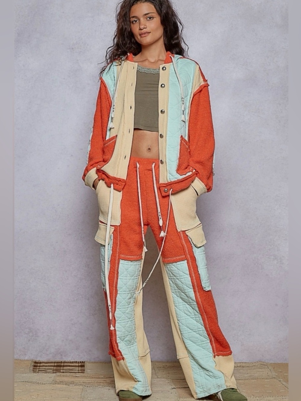 POL Streetwear Colorblock Quilted Thermal Hoodie Shacket & Pants Set Size Large